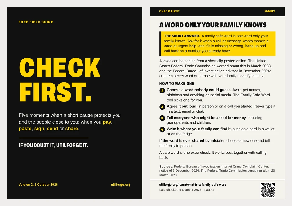 The cover of the Check first field guide, a black page with large yellow lettering, beside a page headed A word only your family knows