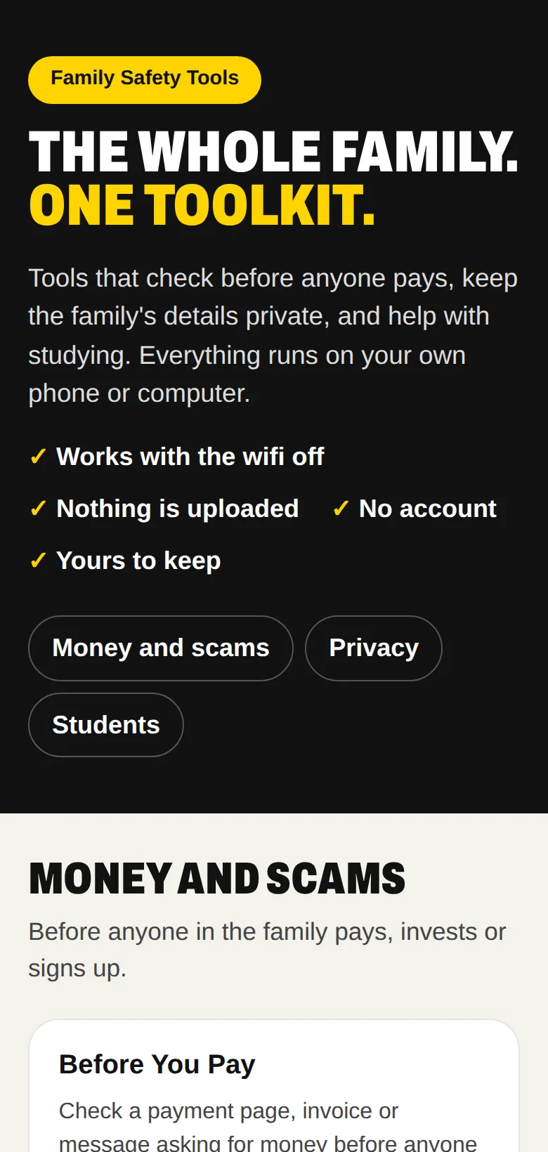 The start page of Family Safety Tools, with the tools arranged for the family