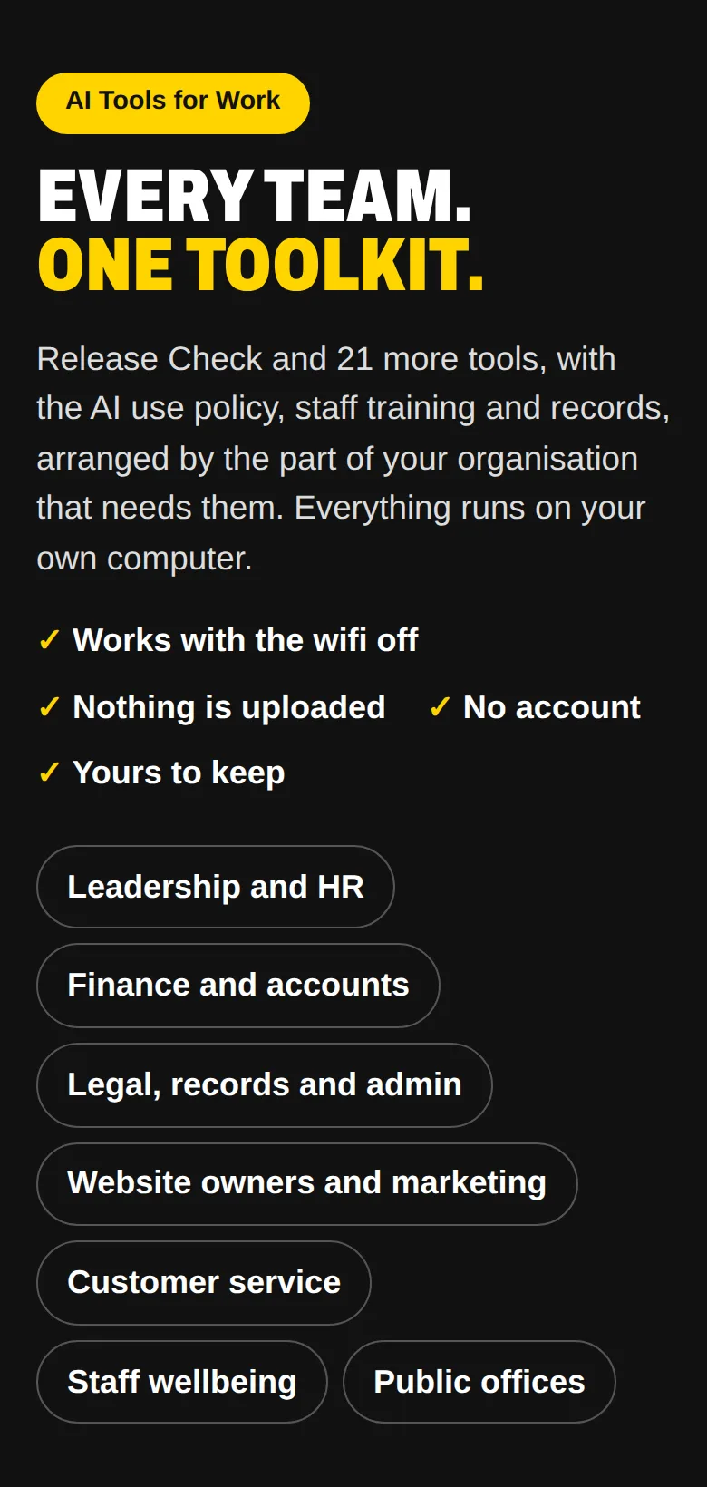 The start page of AI Tools for Work, with the tools arranged by team