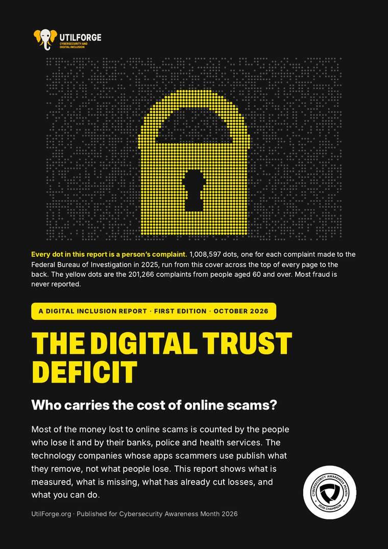 The report cover: a padlock made of yellow dots on a black page, with the title The Digital Trust Deficit, who carries the cost of online scams?